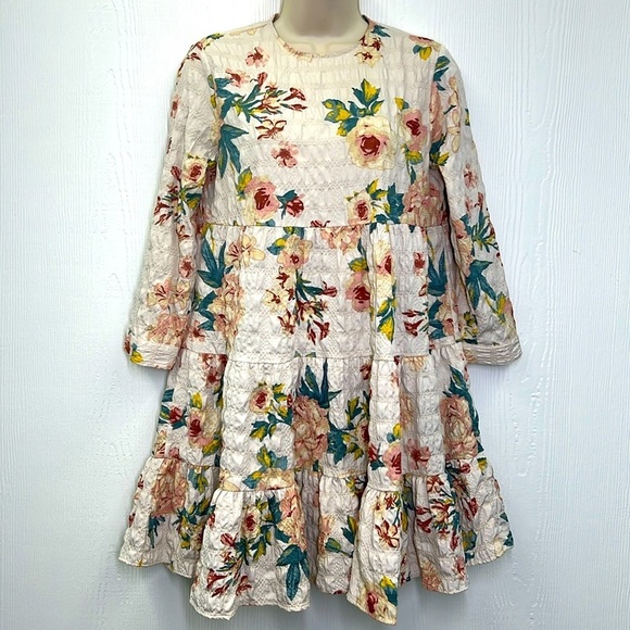 Zara - Colorful Floral Tiered Boho 3/4 Sleeve Button At Neck Dress Size XS - Picture 1 of 12